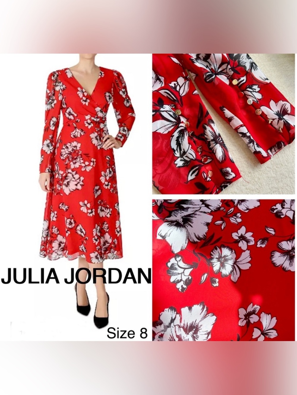 Julia Jordan Floral Chiffon Long Sleeve V neck Midi Dress Red White Black size 8